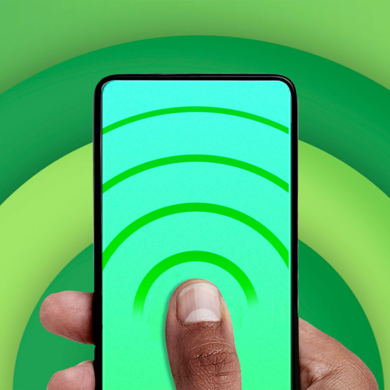 TAPT on a smartphone. Phone is on a green field with radial gradients in the background.